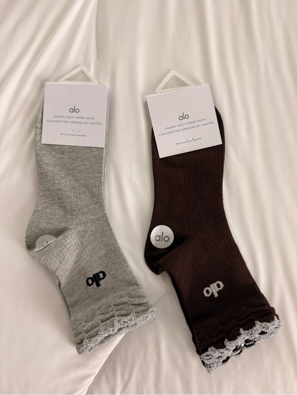 ALO Yoga Crew Socks in Gray and Brown with Scalloped Trim